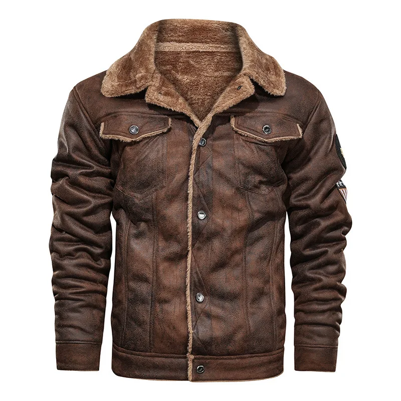 OEM Custom Design Spring Thick Warm Fleece Leather Jacket Coat Men Autumn Outwear Bomber Motor Biker Leather Jacket