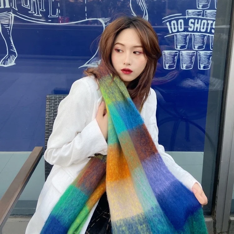 KENSHELLEY Hot Sale Thick Plaid Winter Scarf Adults Check Pattern Cashmere Scarf Urban Windproof Stylish Tassel Shawls Scarf