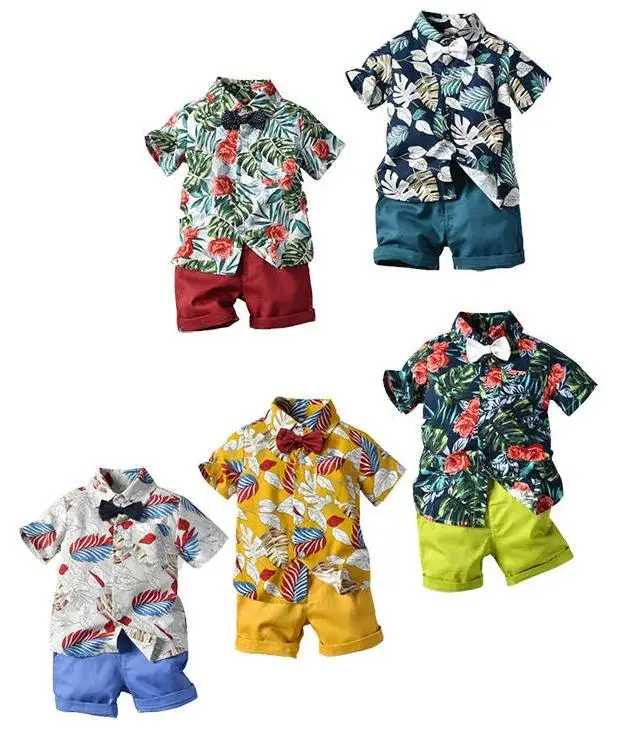 JF Children Clothing Two Piece Boy Clothes Flower Shirt Fashion Bow Tie Shorts With Pockets