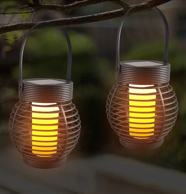 Round Rattan Lantern Solar Flame Light Powered LED Lamp Outdoor Hanging solar lamps outdoor