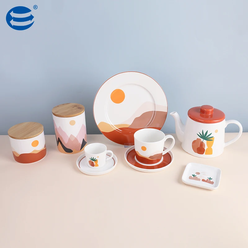Morandi Ceramic Kitchenware Set Sun Design Food Storage Tank Jar Teapot Cup and Saucer Dip Dish Plate Porcelain Tableware Set
