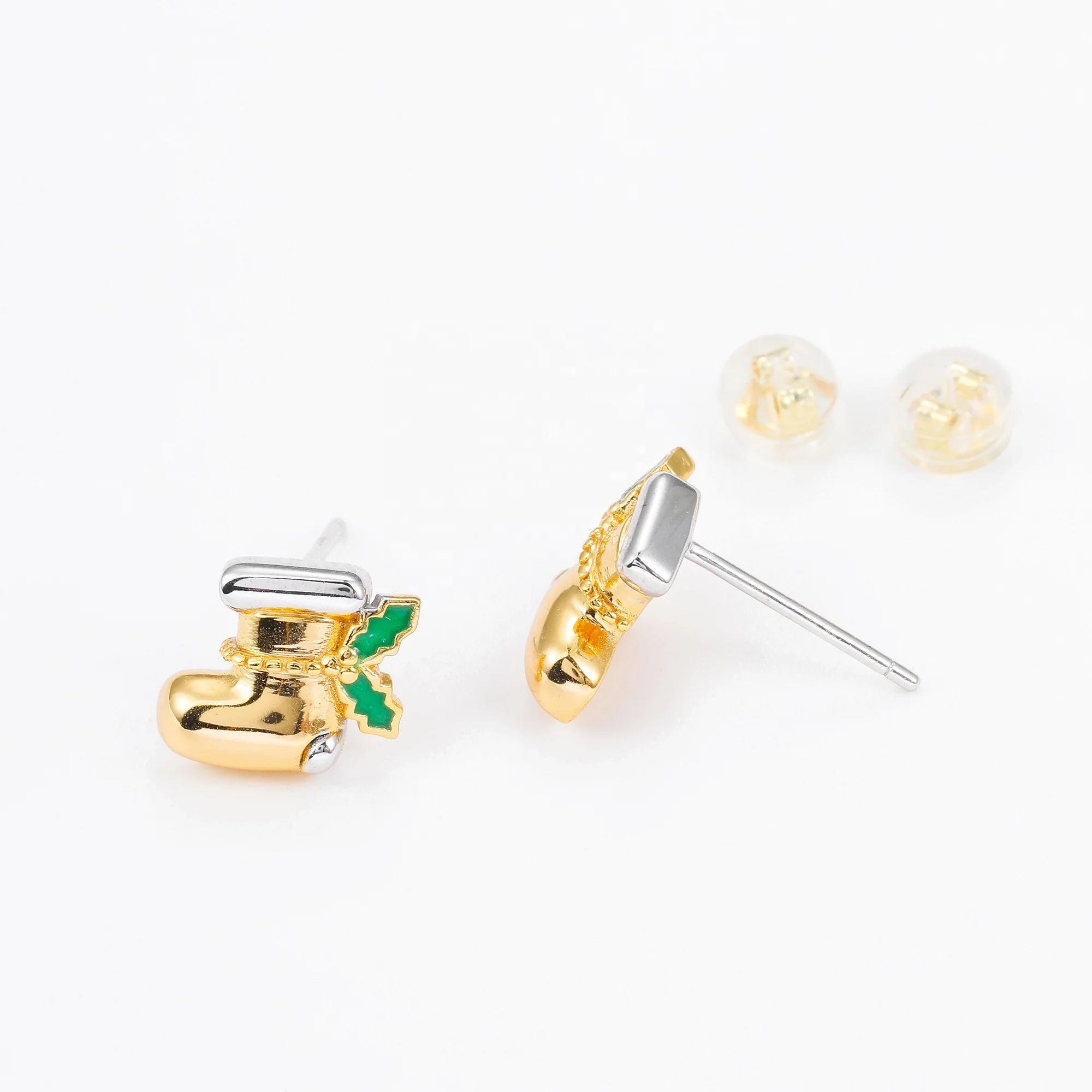 HAIKE Original 925 Sterling Silver Two Tone Plated Christmas Socks Stud Earrings Exquisite Small Jewelry Gift