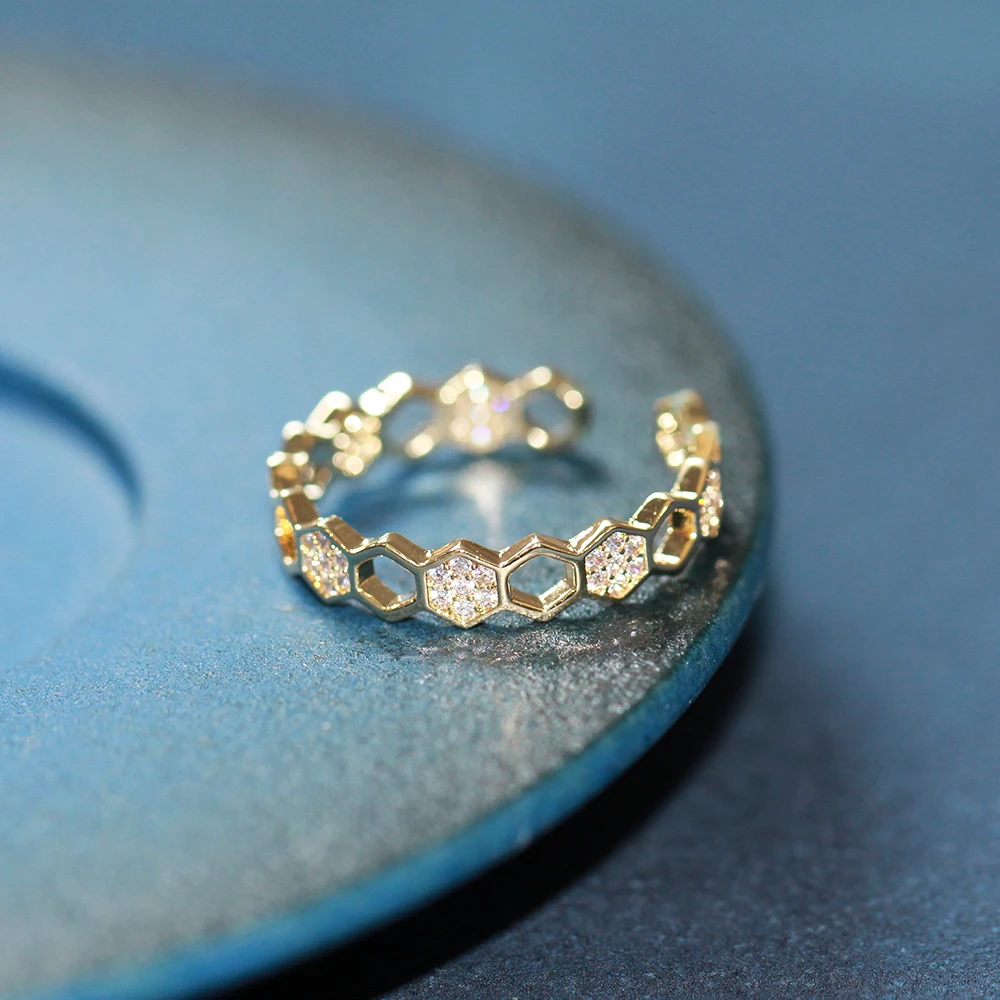  YANYI Delicate Diamond Set Honeycomb Ring With Polygonal Opening Adjustable