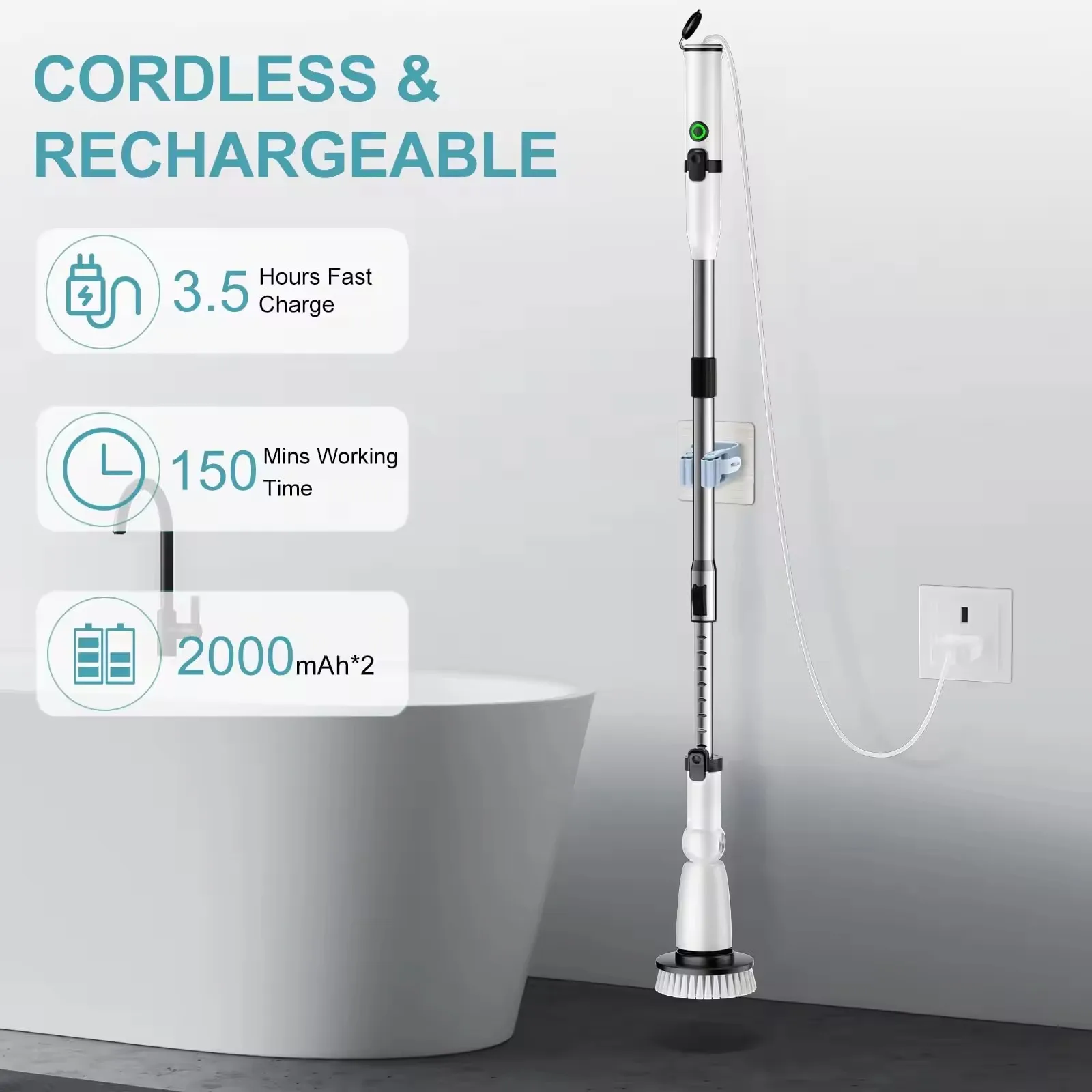 Electric Spin Scrubber For Bathroom Adjustable Extension Cordless Cleaning Brush Power Shower Scrubber Cleaner Tool