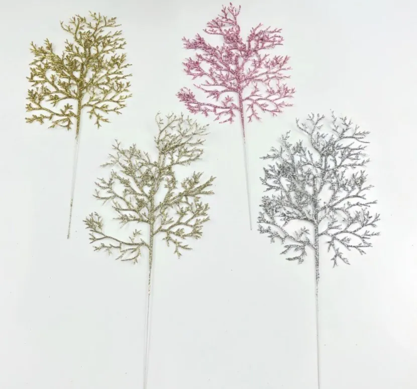 Christmas home decoration Artificial plants Gold plastic leaf simulation golden powder pine leaves