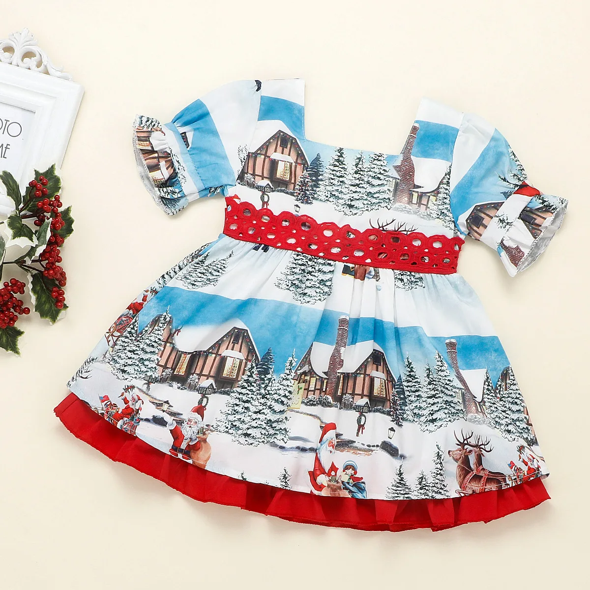 2023 New Baby Infant Girl Floral Bow tie Christmas Short Sleeve Dress 1-5 Years