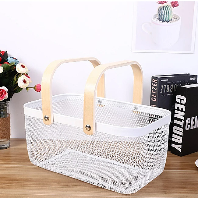 XWX factory direct supply large home Nordic wrought iron storage basket with wooden handle