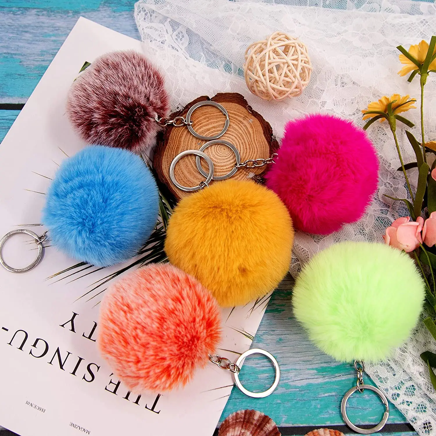 Soft Hand Feeling real fur Multi Color Mini Shaped Rabbit Heart Faux Fox Fluffy Puff Ball Fur Pom Poms Keychain Set