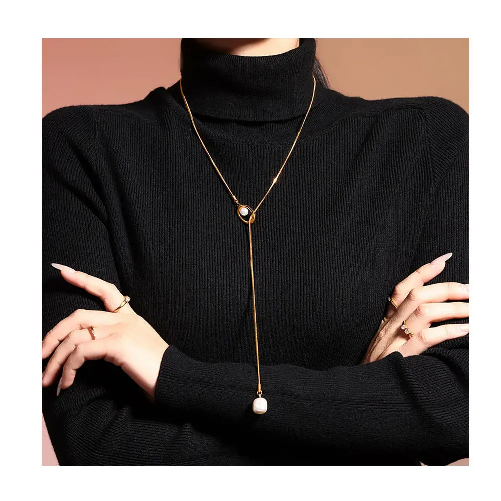 Carline Topsale Stainless Steel Minimalist Long Tassel Pearl Initial Necklace Adjustable Chain Sweater Necklaces For Party Daily