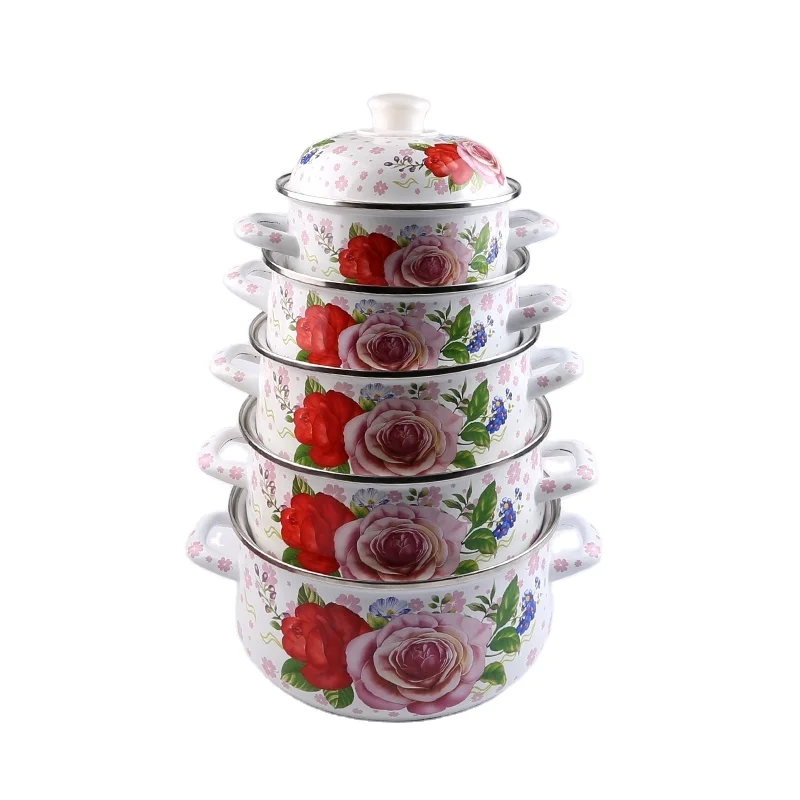 Enamel Casserole Pot Porcelain Cooking Pot Metal Sauce Pot Set With Flower Printed