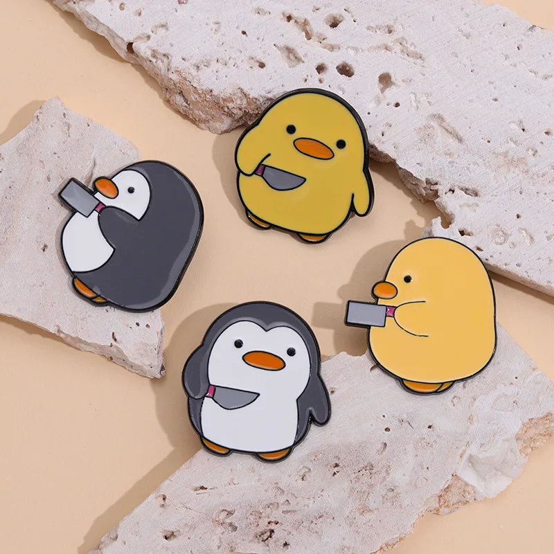 Hot Deals Metal Lapel Badge Cute Anime  Penguin little yellow duck with knife soft Enamel lapel Pin