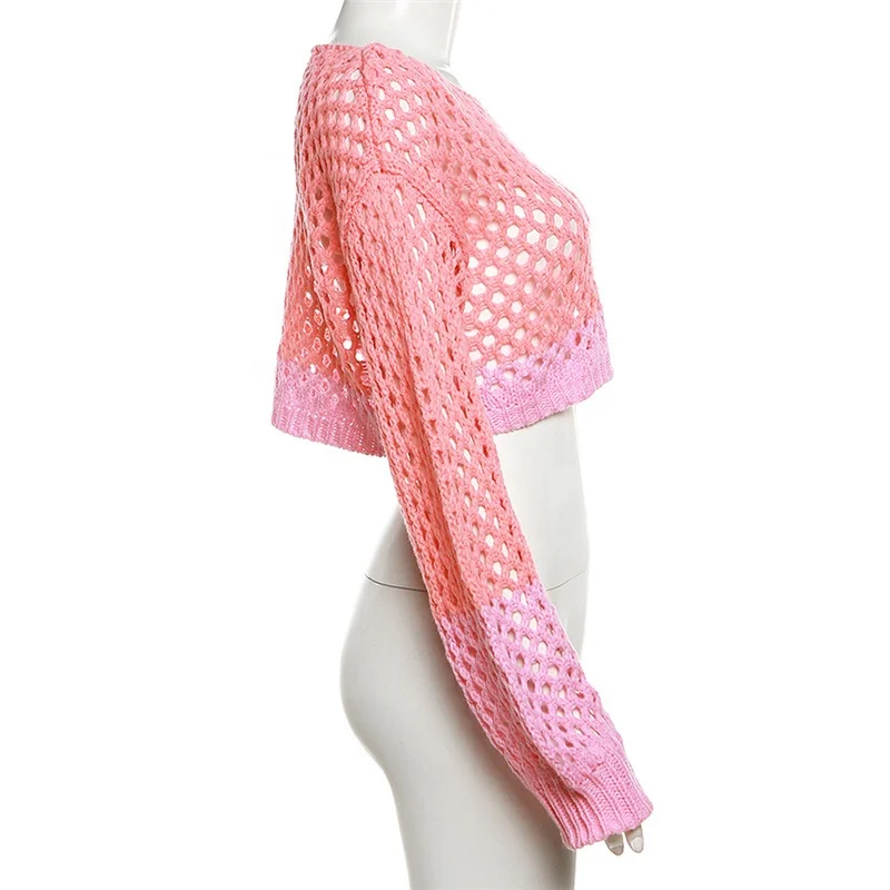 Pink Round Neck Long Sleeve Knit Crop Sweater Women Drop Shoulder Sexy See Through Spring Summer Knitting Pullover Top