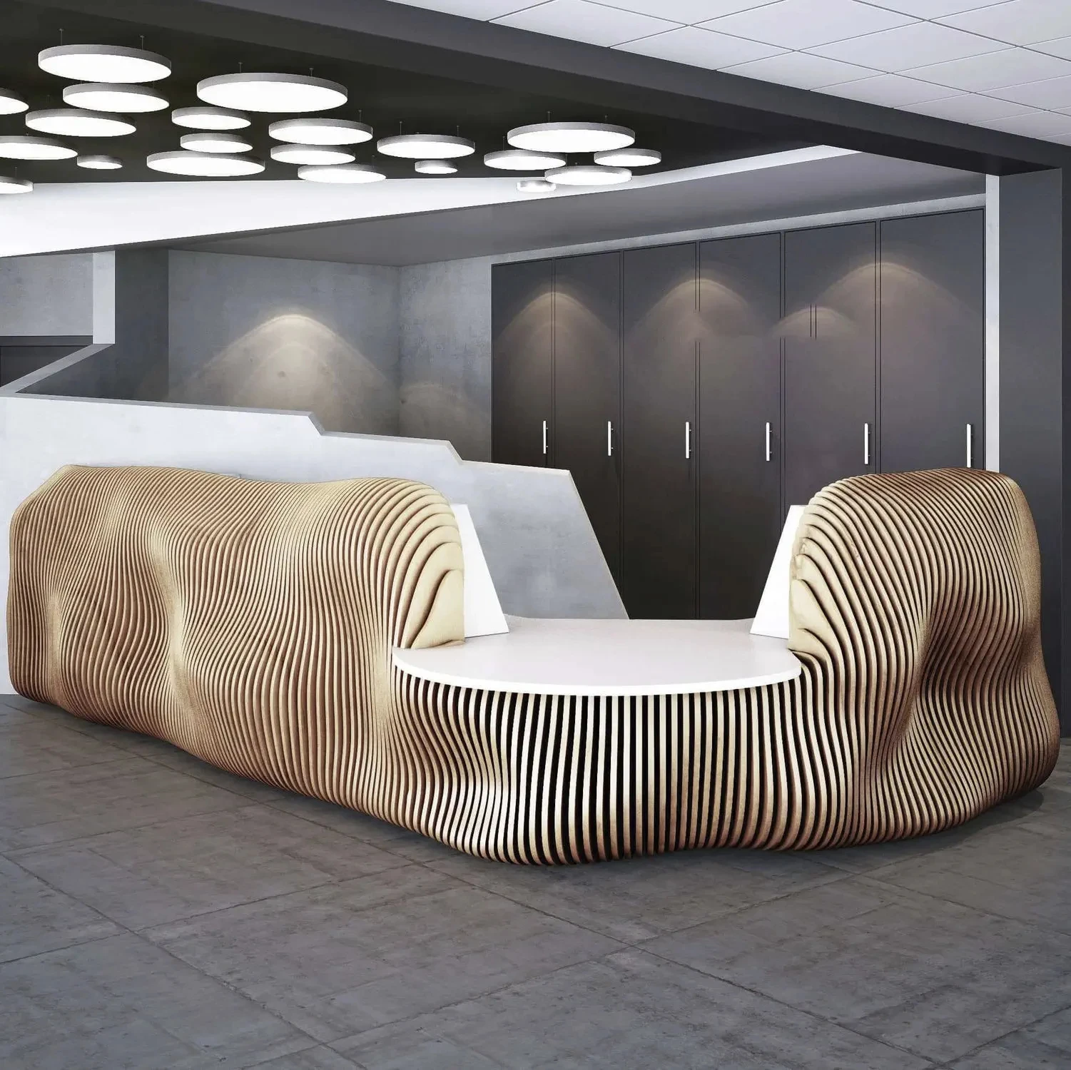 Hotel Hall Company Office Reception Desk Wood CNC Carve Modern Design Parametric Long Counter Table With Storage Drawers
