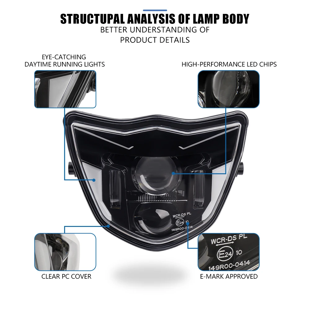 E-mark Motorcycle LED Headlights Headlamp High Low Beam DRL for Yamaha WR 250F/400F/426F/450F TTR110E XTZ 150 125 YZ 250F/X 65