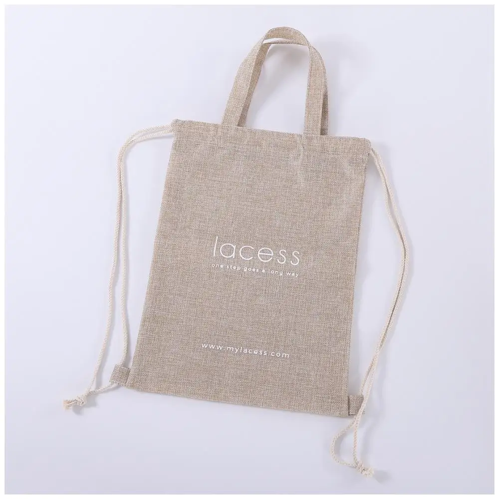 Custom logo eco friendly calico burlap linen jute drawstring bag for shoes