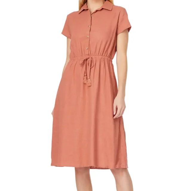 Summer Ladies Elegant Casual V-Neck Short Sleeve Midi Linen Beach Shirt Dress For Women