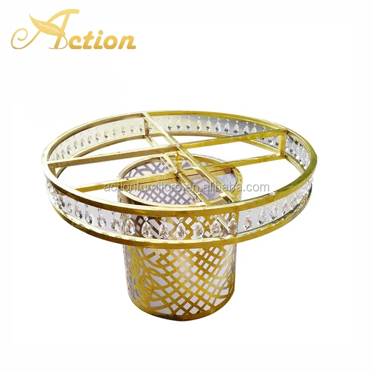 Round Crystal Glass Carved Golden Wedding Table Cake Table Flower Stand For Hotel Wedding Party