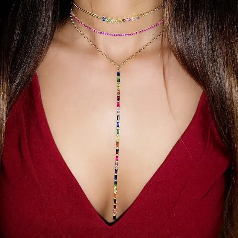 rainbow rectangle cz gold plated Long Y larait sexy women necklace