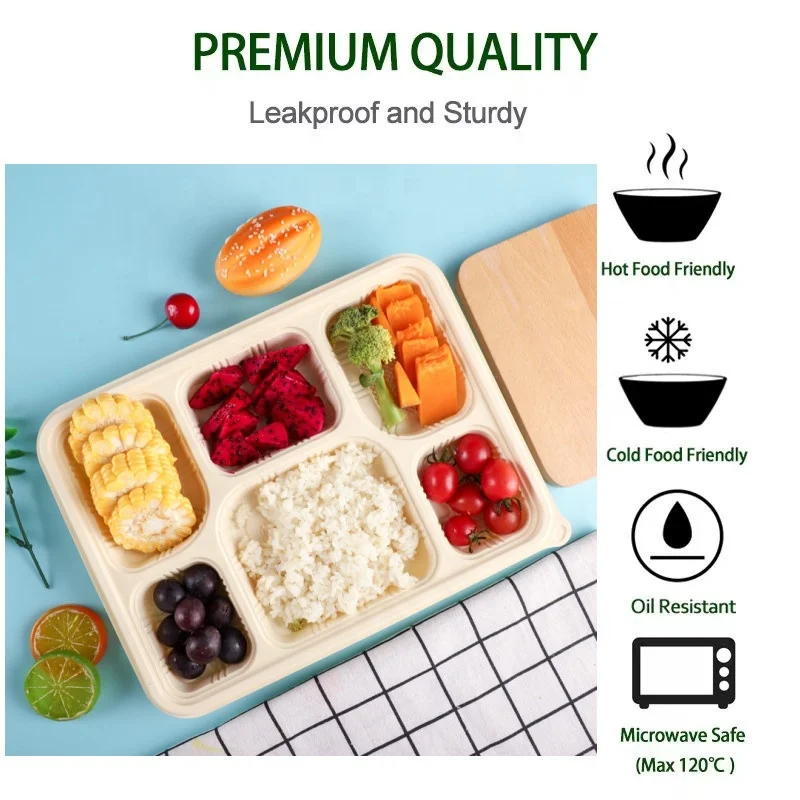 Takeaway food packaging biodegradable corn starch disposable food serving trays with lid divided 6 compartment food tray