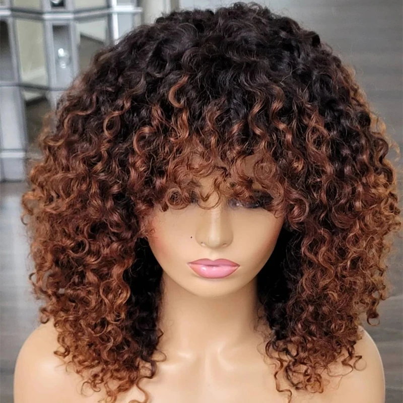 Cute Curly Wave Ombre Brown Colour Cuticle Aligned Human Hair Lace Front Wig With Hair Bang