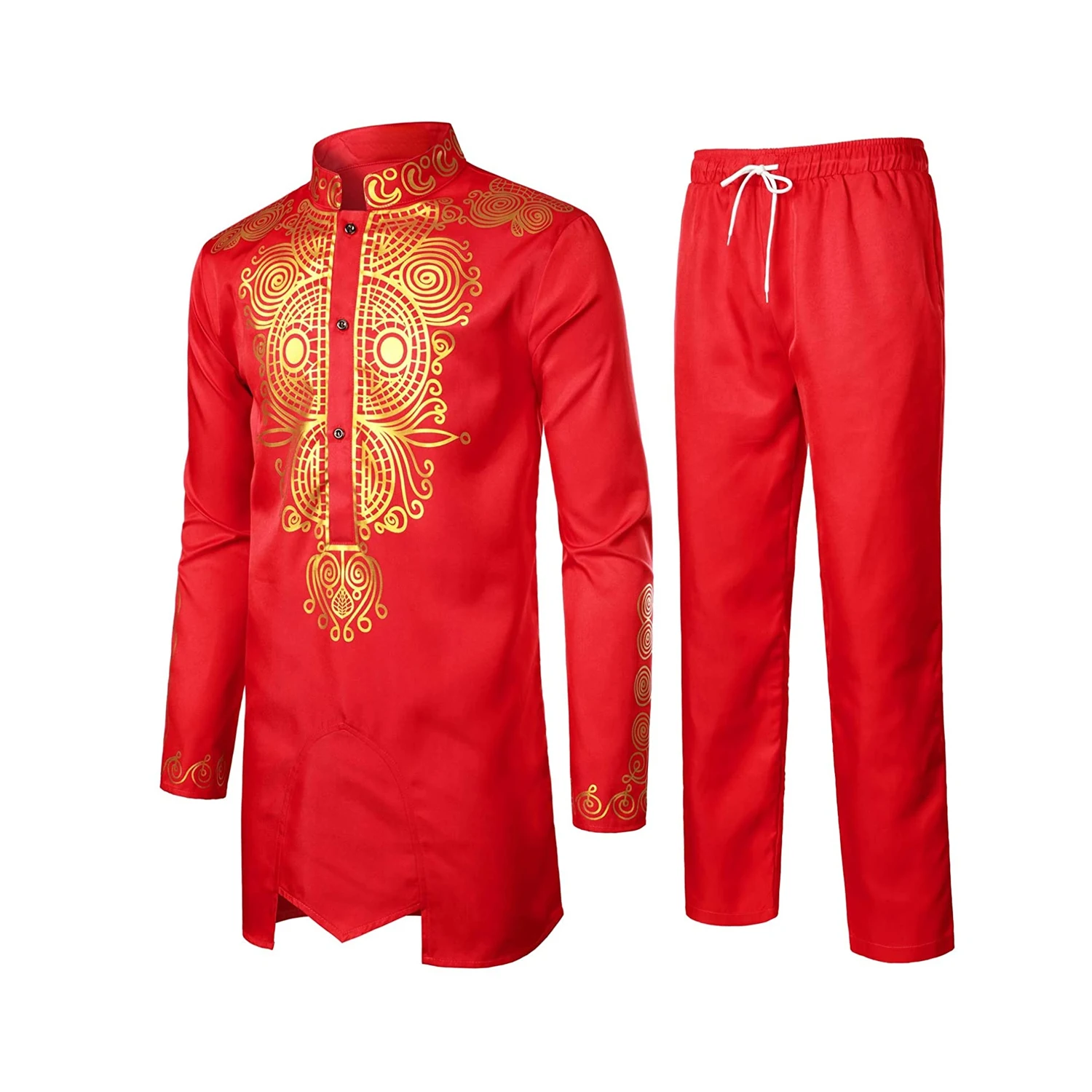 Men African 2 Piece Set Long Sleeve Gold Print Dashiki and Pants Outfit Traditional Suit