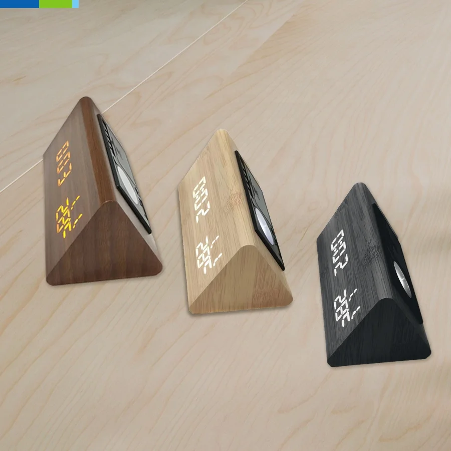 LCD Digital LED Wooden Square Alarm Clock Time Date Temperature Display-Smart Table Clocks Night Light Lamp Desktop Decoration