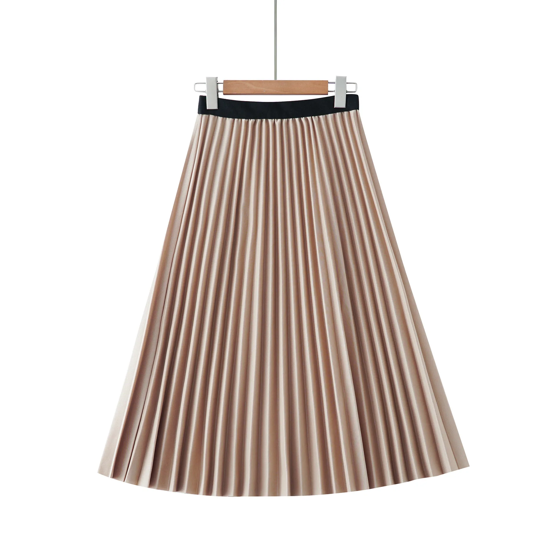 
autumn elastic waist long skirt pattern poly high waisted bandage A line knee length pleated skirt women 