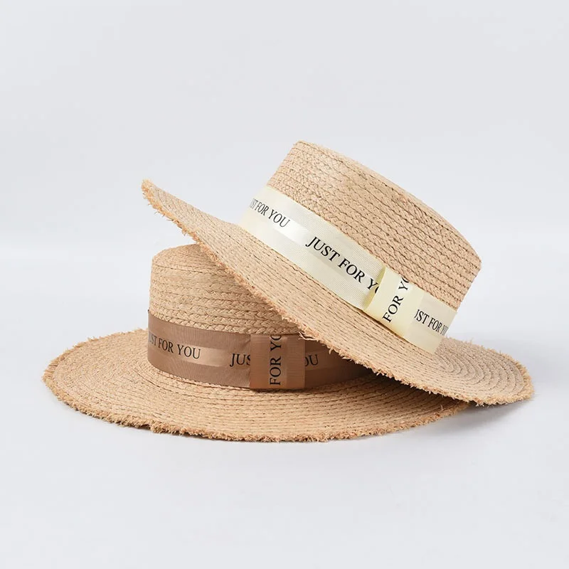 
wholesale lady boater raffia Sun hat Flat top Straw Beach hat round summer sun panama hat 
