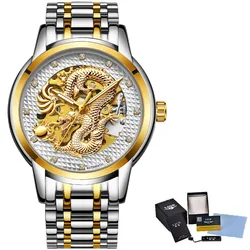 Dragon Skeleton Automatic Mechanical Watches For Men Wrist Watch Stainless Steel Strap Gold Clock 30m Waterproof Mens watch