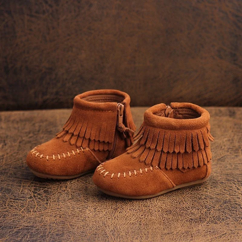 Side Zipper Anti Slippery TPR Hard Sole Kid Shoes Girl Boots Fashion Ankle Real Leather Casual boots  baby tassel leather boots