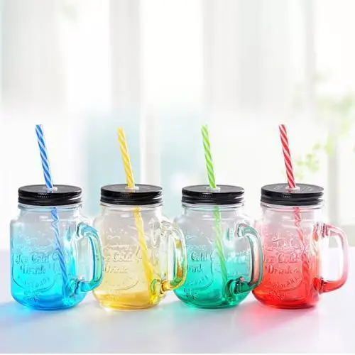 Wholesale 16Oz 16 Oz Cold Beverage Use Bulk Glass Color Mason Jar Drink Cup Jars Mug With Handle Lid And Straw