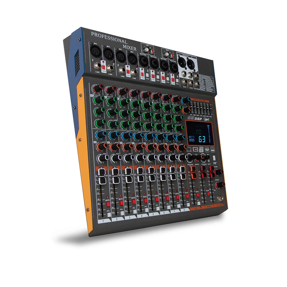 8 Channel Mixing Console USB Bluetooth Reverb Monitor Mic Input Mixer with LED Display 99 DSP Effects MP3 Player DJ Controller