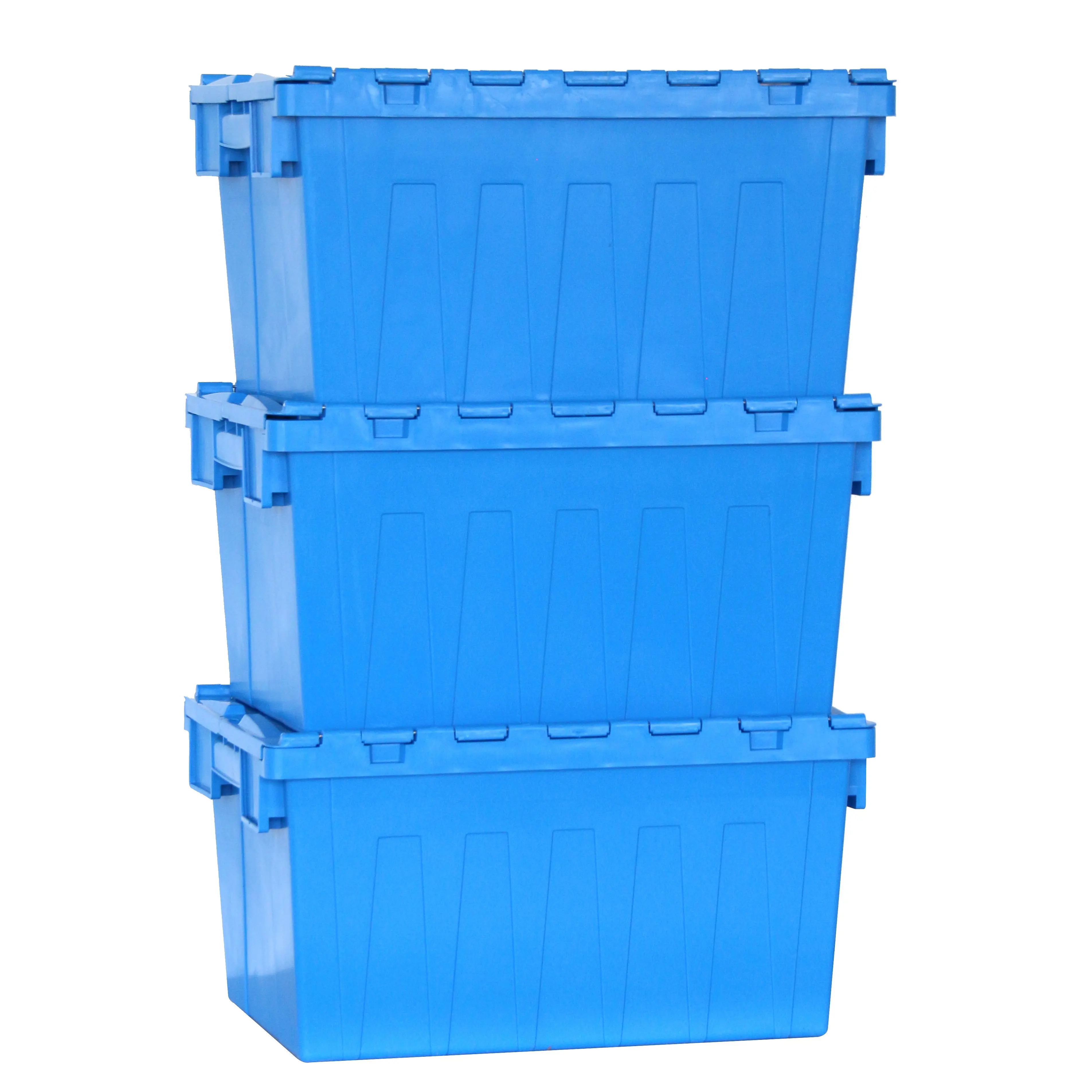 Factory supply reasonable price 56L stack & nest solid plastic storage crate heavy duty moving totes with lid