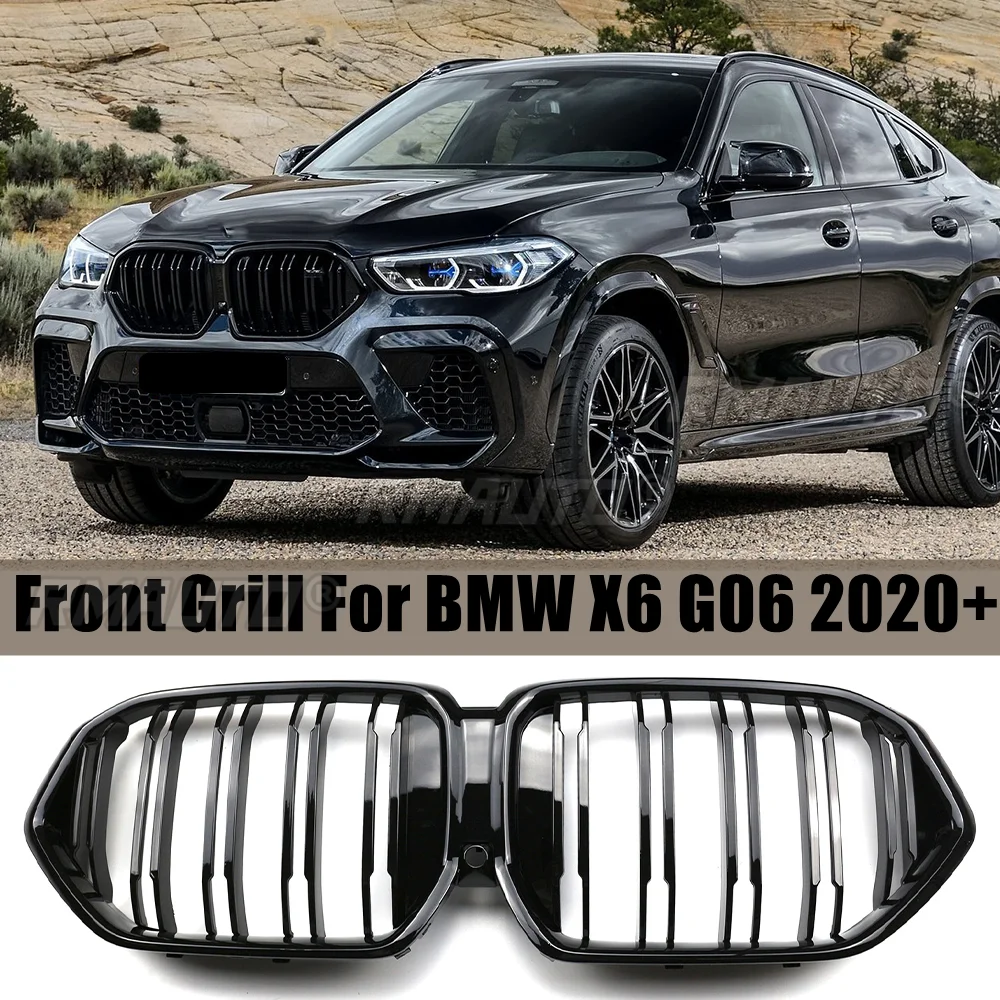 Для BMW X6 G06 2020 2021 2022 + Автомобильный передний бампер гоночная решетка двойная линия Замена радиатора черный глянцевый