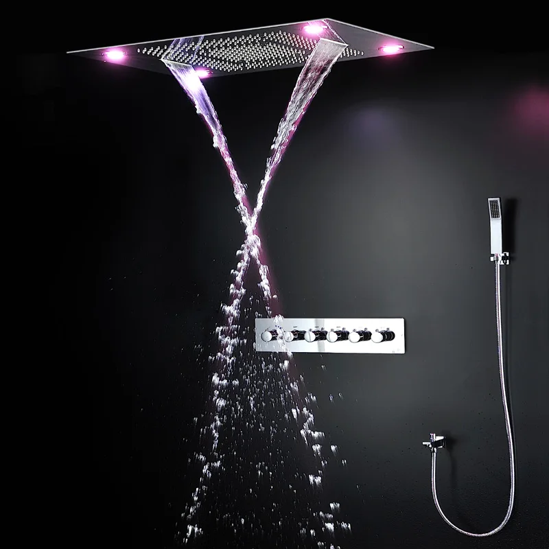High Quality 24Inch LED Shower Set 5 Function Big Rain Shower Head Thermostatic Mixer Waterfall Mist Ceiling Panel Mirror Faucet