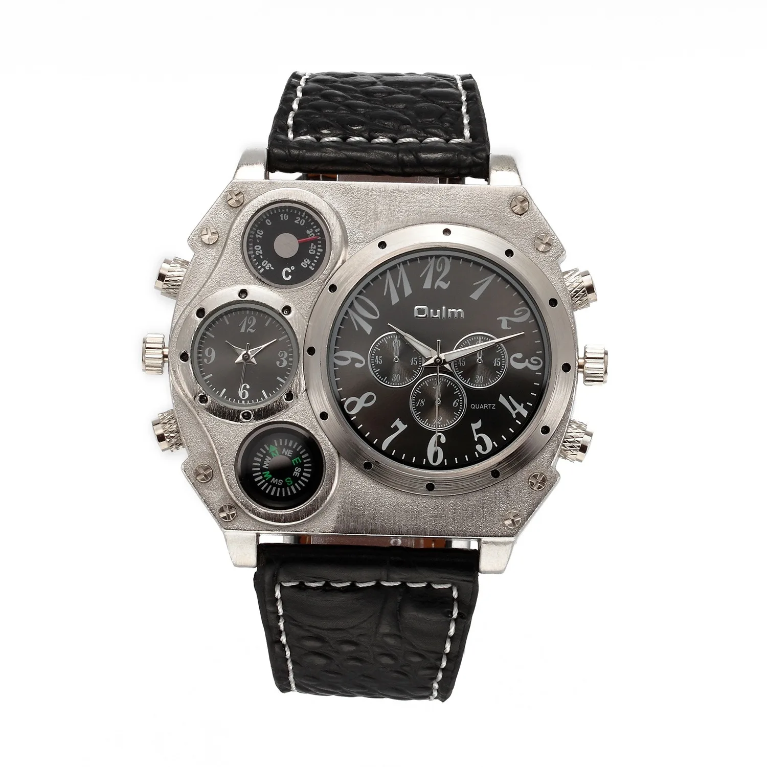 Oulm Luxury Big Dial Quartz Watches With Leather Strap For Men Dual Time Zone Personality Punk Wrist Watch Man Stylish Watch