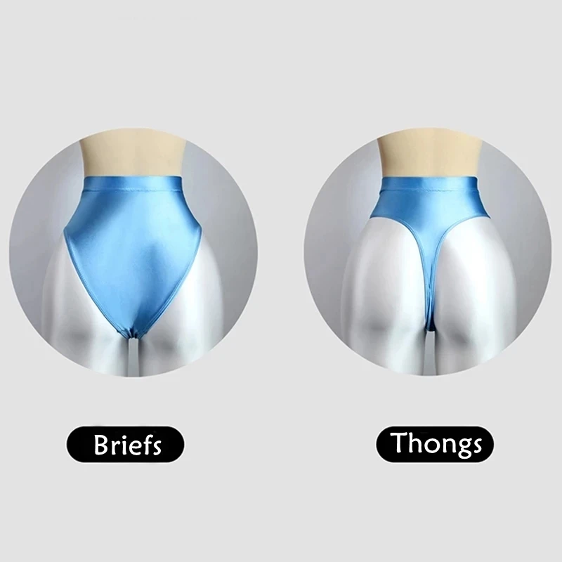 Sexy Shiny Thong Bikini Bottoms with Buttocks Silky Solid Bikini High Waist Tights Underpants High Fork Oily Briefs Large Size