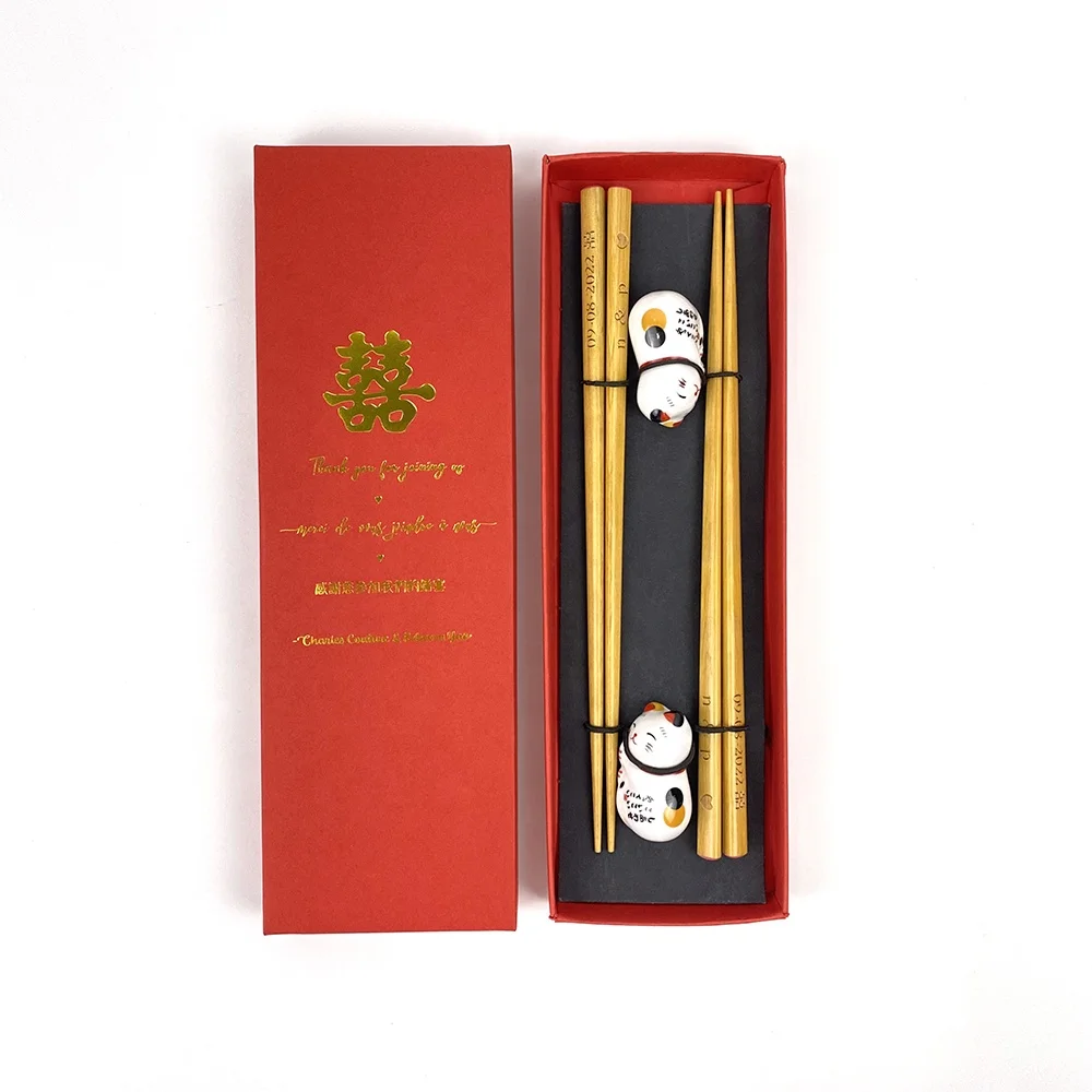 Classic High Quality sushi chopsticks Yellow Rose wood chopsticks with lucky cat holders wedding party Souvenir Set