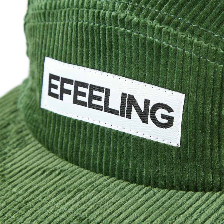 Custom Green Private Woven Label Vintage Corduroy 5 Panel Hat