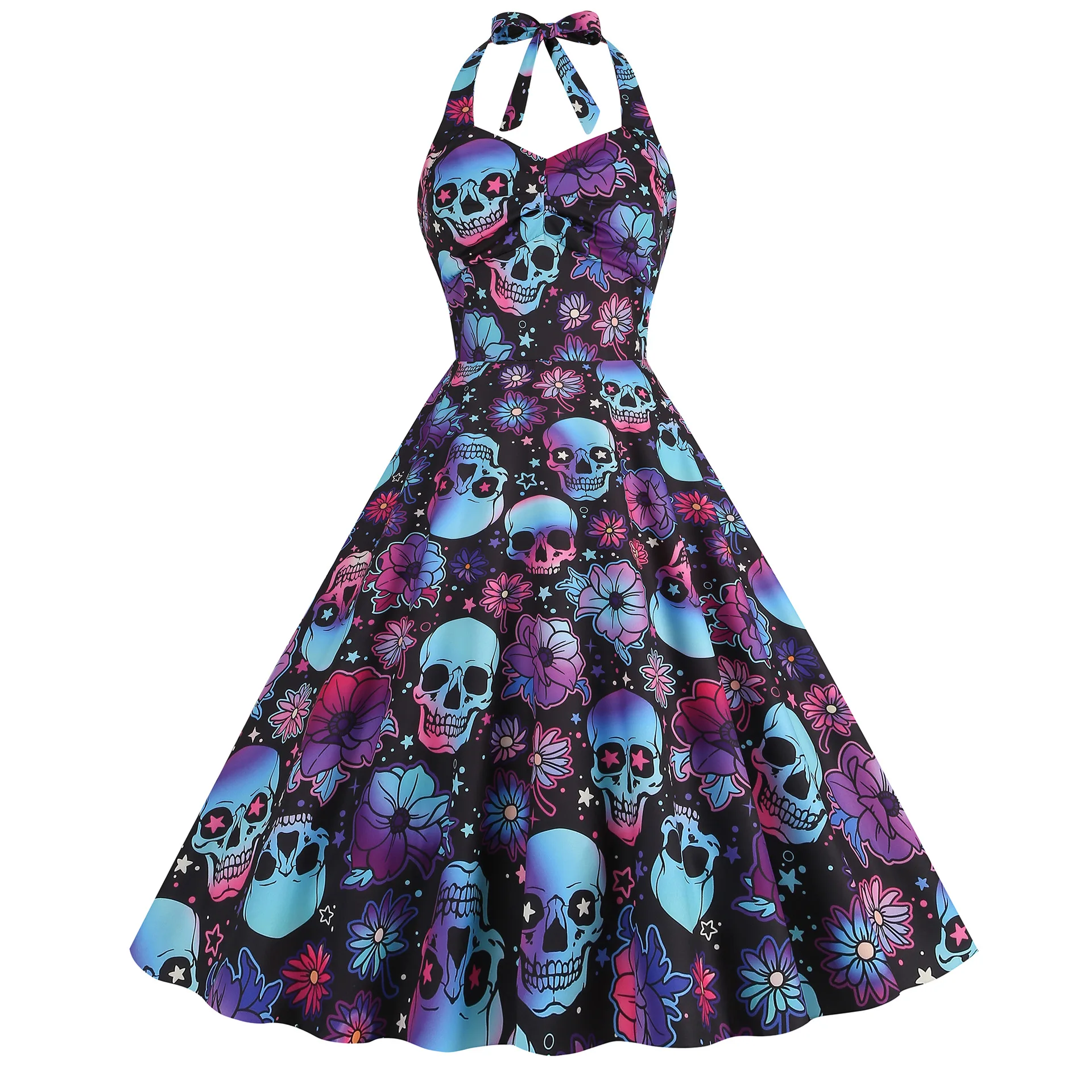 Women Robe Swing Skull Print Scarey Halloween Costumes Midi Vestidos Sexy Halter Strapless Gothic Retro Rave Party Dresses