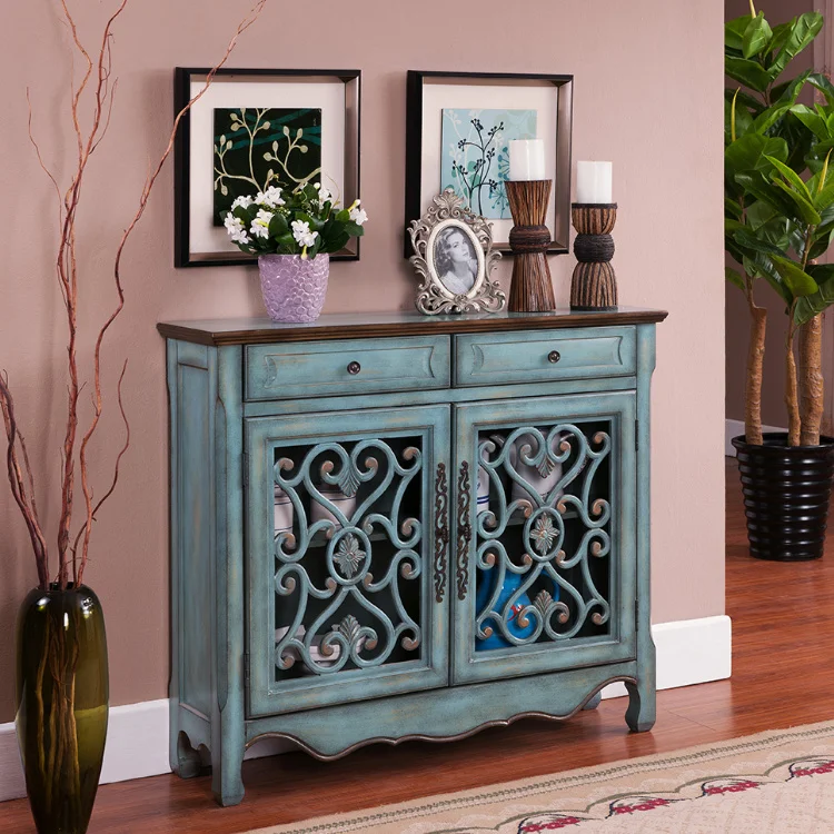 Solid Wood Cabinet Farmhouse Vintage Furniture Two Door Two Drawer Accent Cabinet