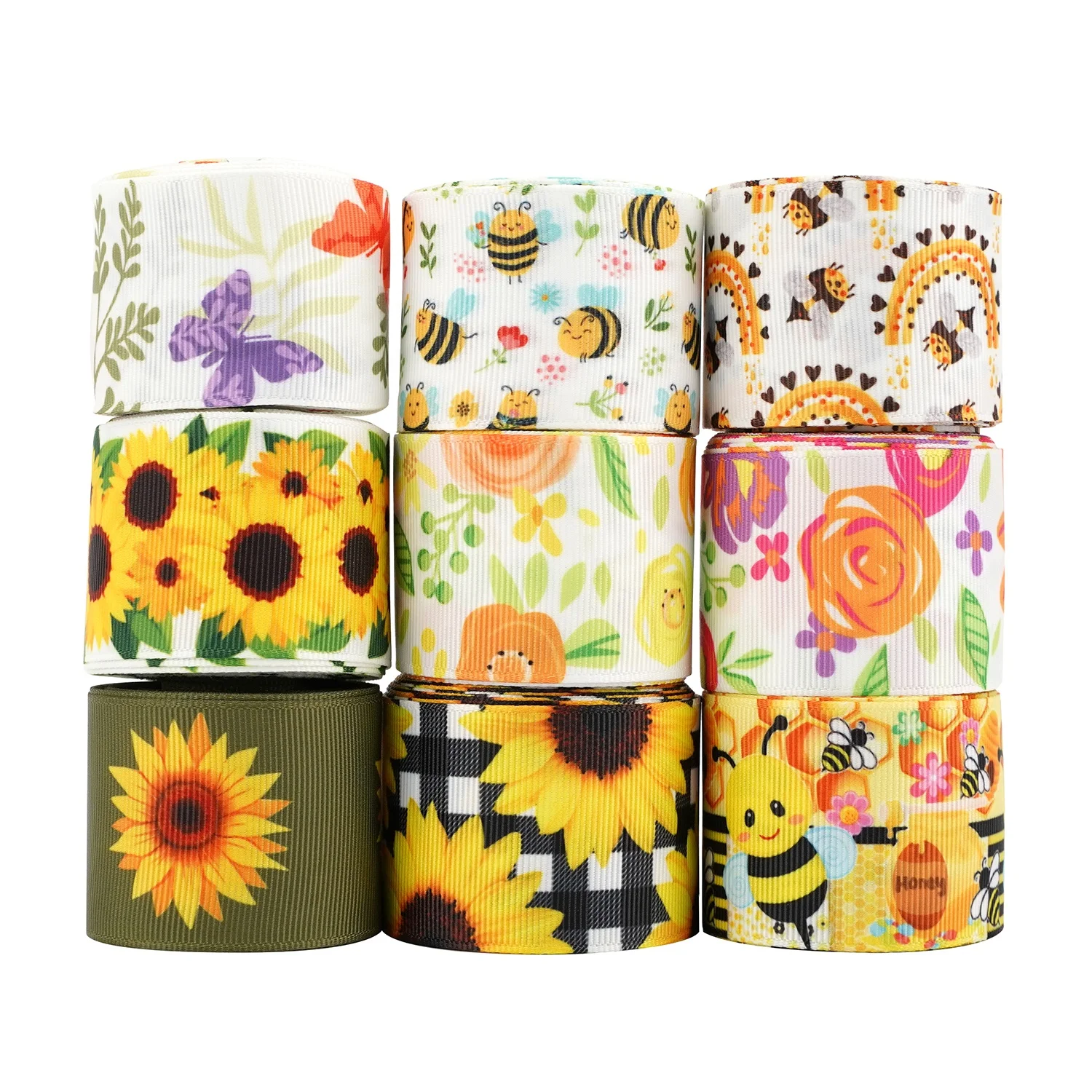 Huihuang Wholesale Ribbons Supplies Sunflower Bee Grosgrain New Designer Heat Transfer Printed Ribbon Roll