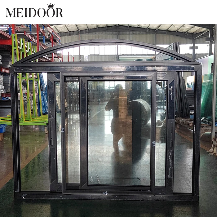America Customized Specialty Shape Windows Black Color Design Fixed Sliding Aluminum Tempered Glass Arch Shaped Windows