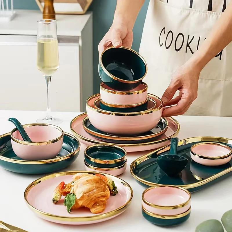 Shengjing Factory Elegant Green Glazed Gold Rim Restaurant Kitchen Ceramic Dinner Plate Ware Dishware Porcelain Dinnerware Set
