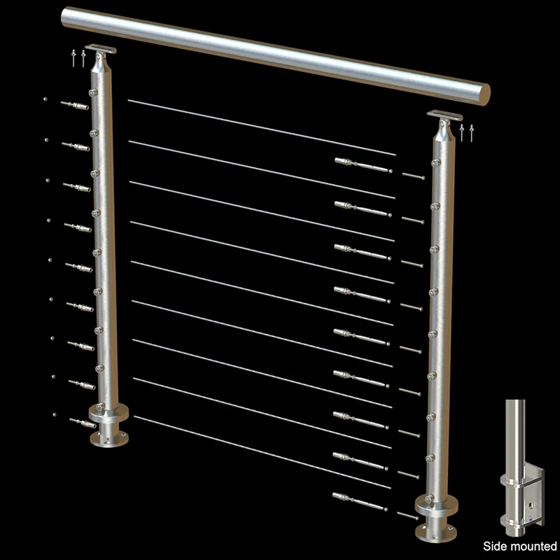 Hot Sale Stainless Steel Cable Post Balcony Wrought Iron Balustrade Wire Cable Side Mount Deck Railing