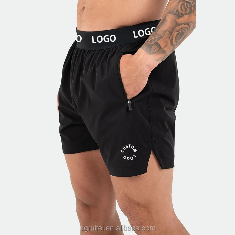 Custom logo waistband sustainable split hem pour hommes 5 inch inseam sports activewear workout athletic gym shorts for men