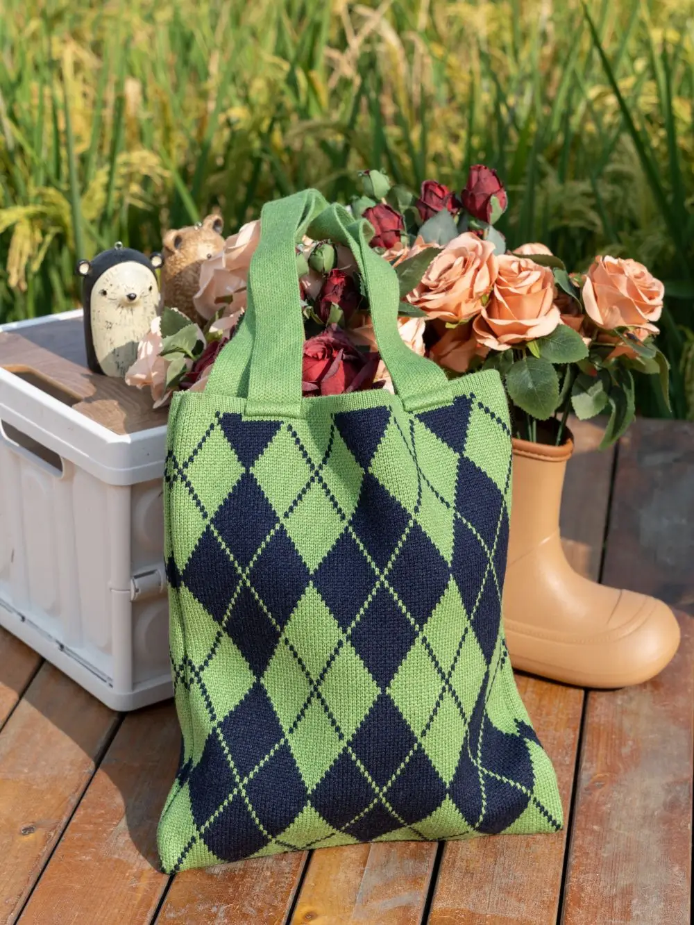 Japanese Quilted Rhombus Lattice Pattern Knitted Women Shoulder Bag Crochet Wool Korean Fashion Tote Shopping Bag