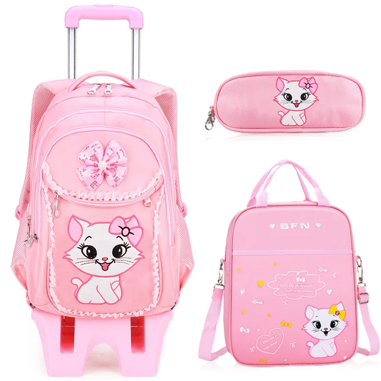 3 In 1 Back To School Backpack Set School Bag Kids 2 Wheel Trolley Luggage School Bags For Girls