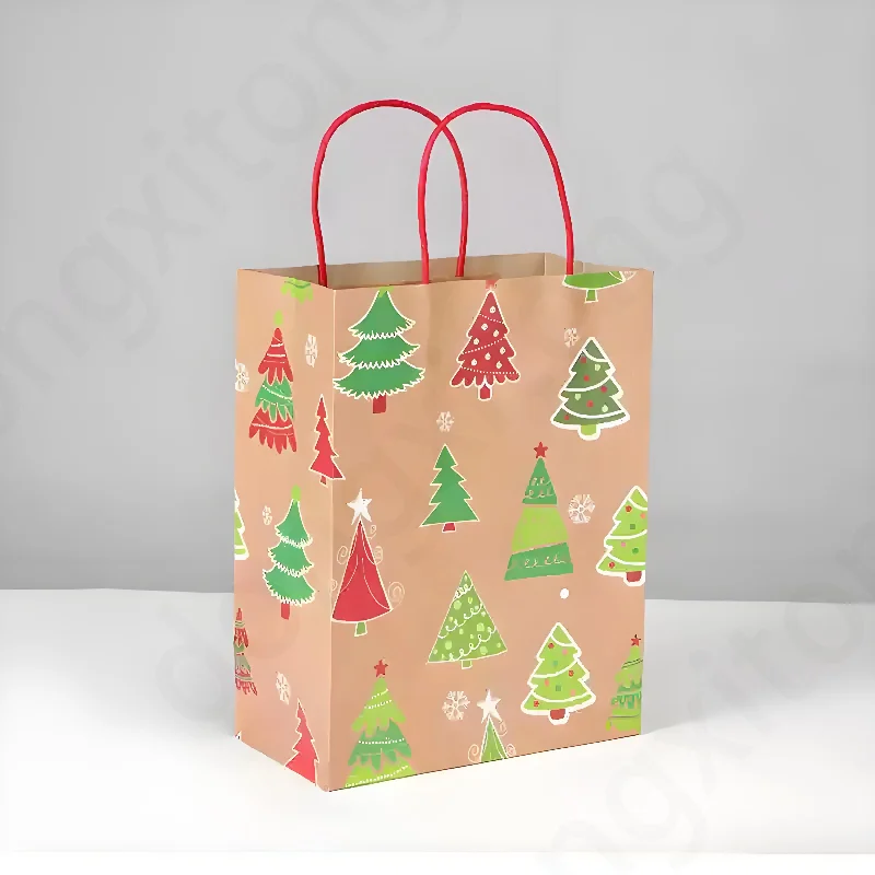 Custom Printed Biodegradable Kraft Paper Bags Christmas Themed for Shopping Food with Custom Logo for Clothing Gift Packaging
