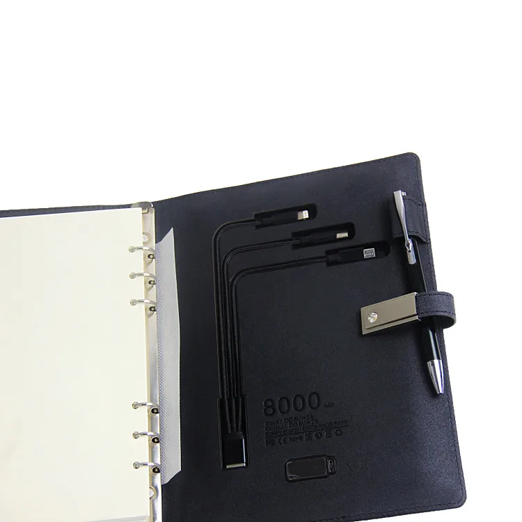 Business luxury smart pu leather custom loose-leaf wireless charging notebook with U disk
